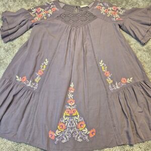 Altard State Womens Purple Floral Embroidered Boho Lace Bell Sleeve Dress M